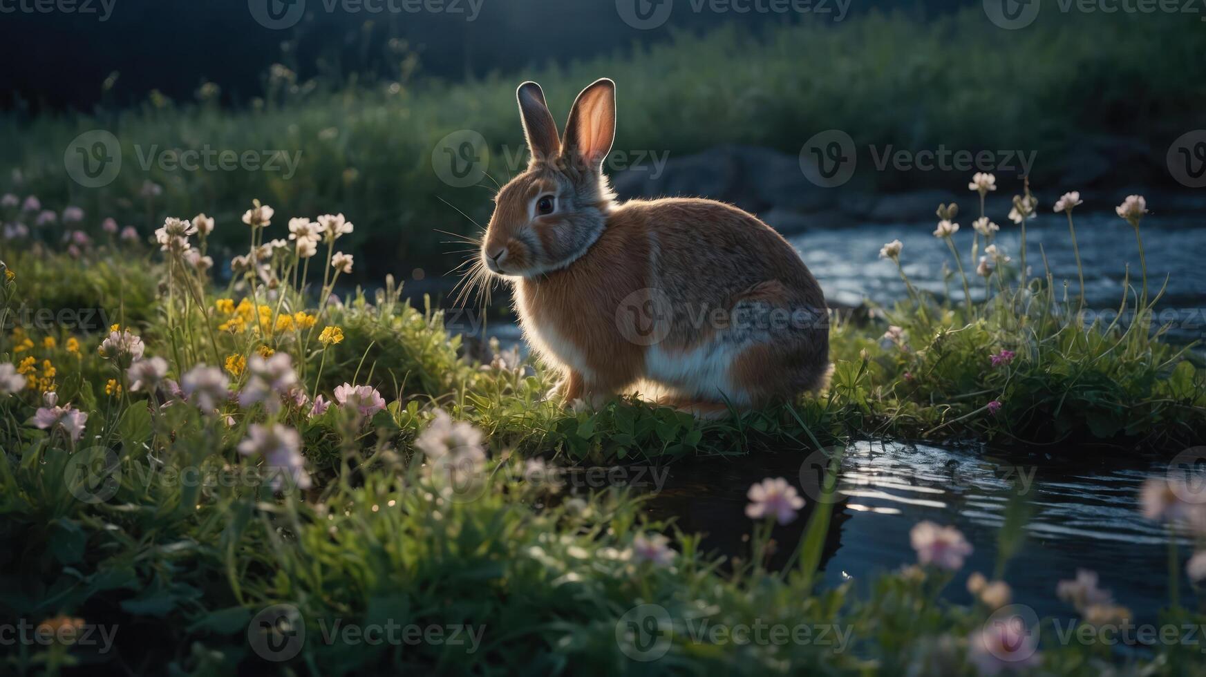 Cute Brown Rabbit Sitting Near Stream with Wildflowers in Meadow photo