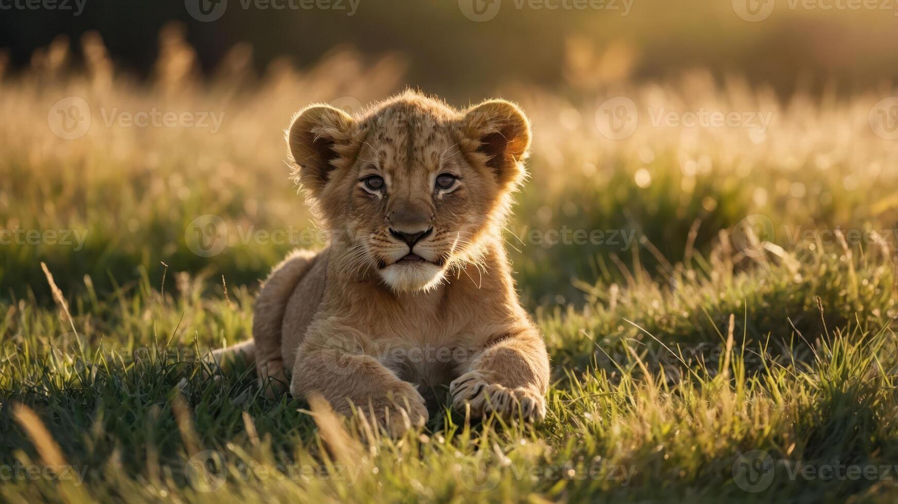 Lion Cub Resting Peacefully in Grassy Field Bathed in Warm Light photo