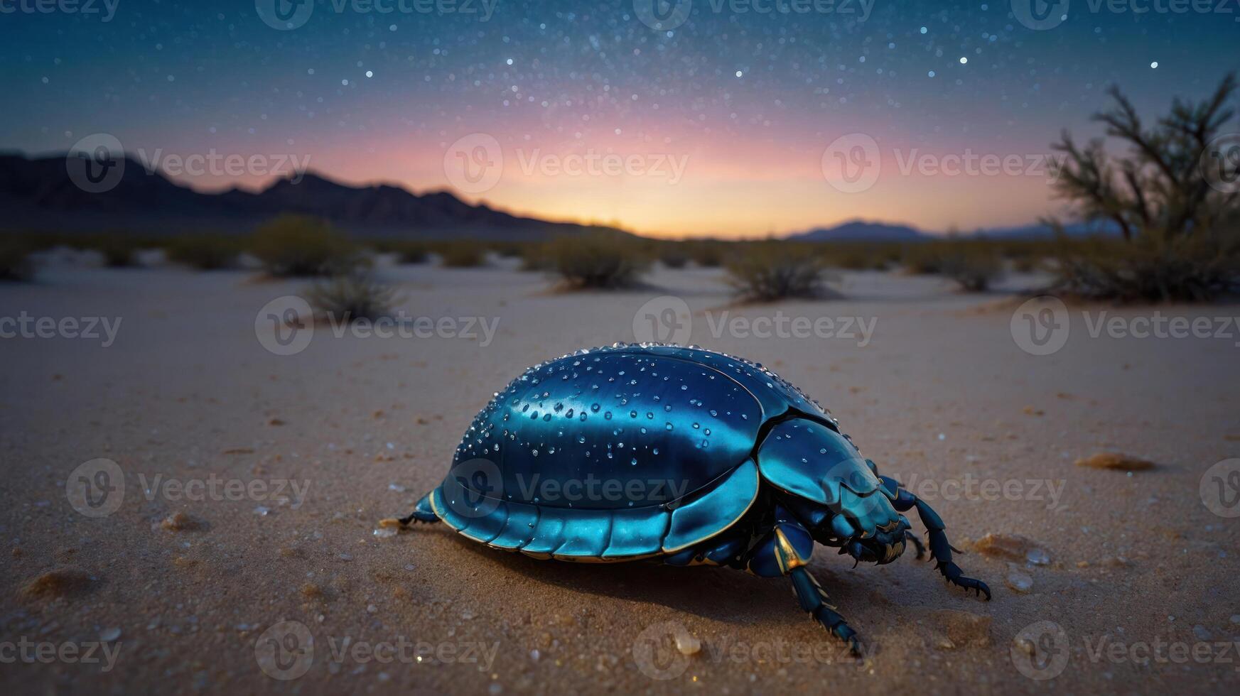 Iridescent Blue Beetle Walking in Sandy Desert Landscape at Twilight photo
