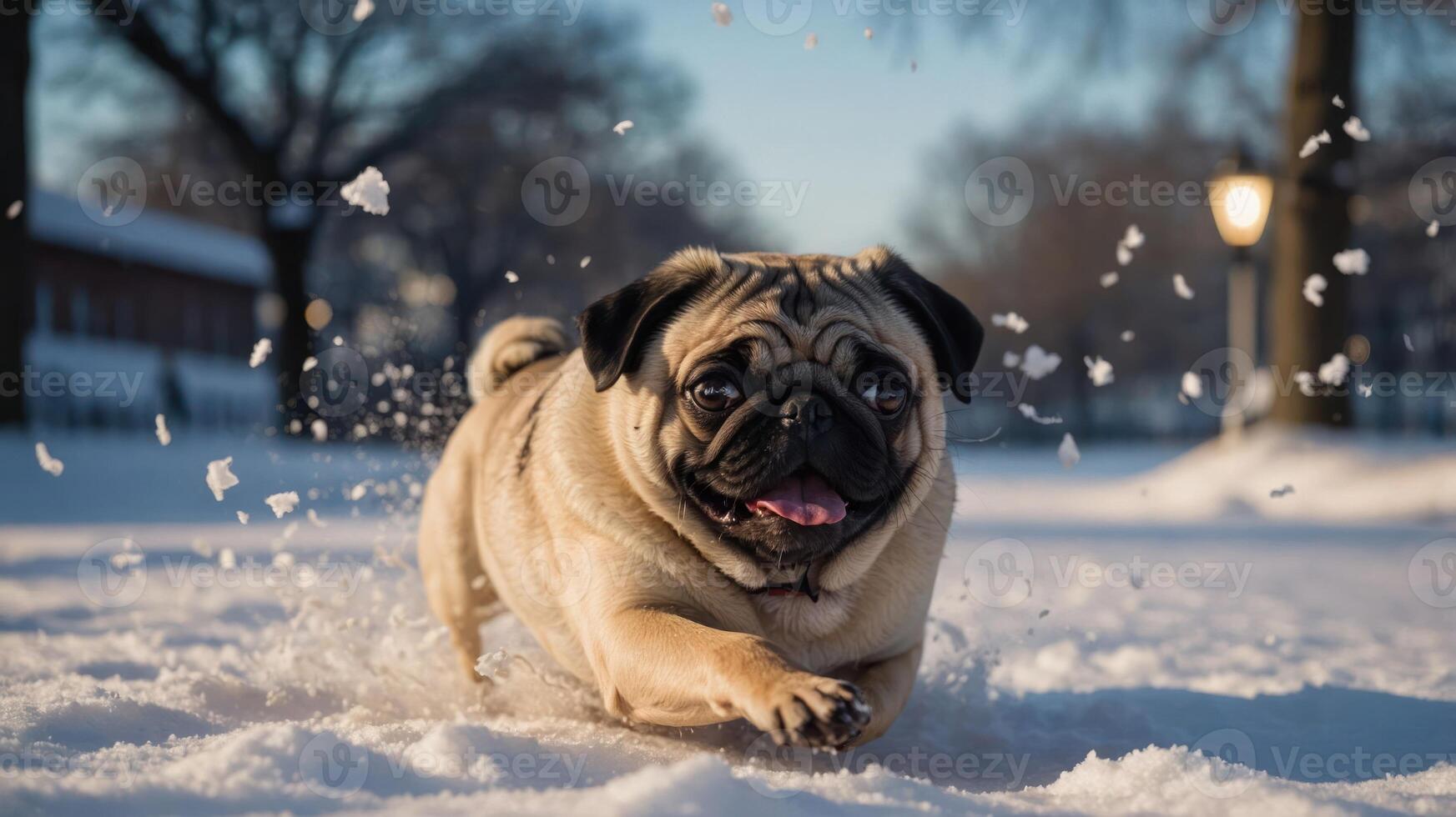 Dog Running Through Snow Enjoying Winter Outdoor Activity photo