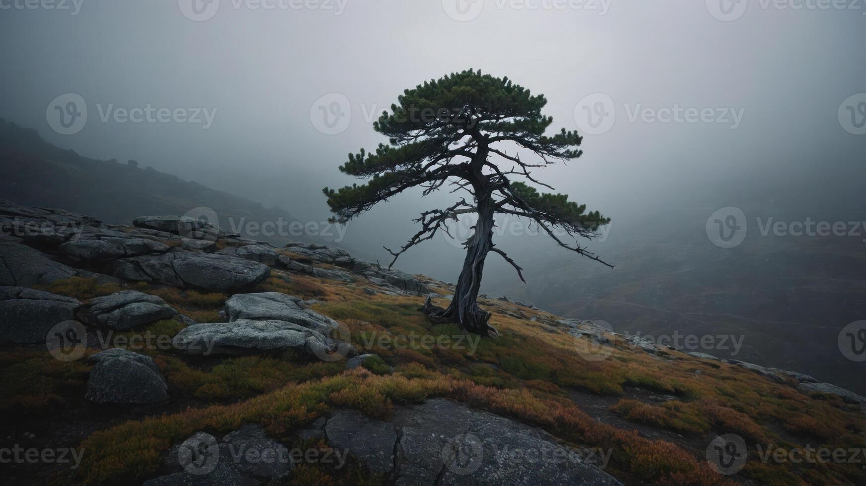 Standing Tree on Rocky Hillside Shrouded in Fog Creating Atmosphere photo