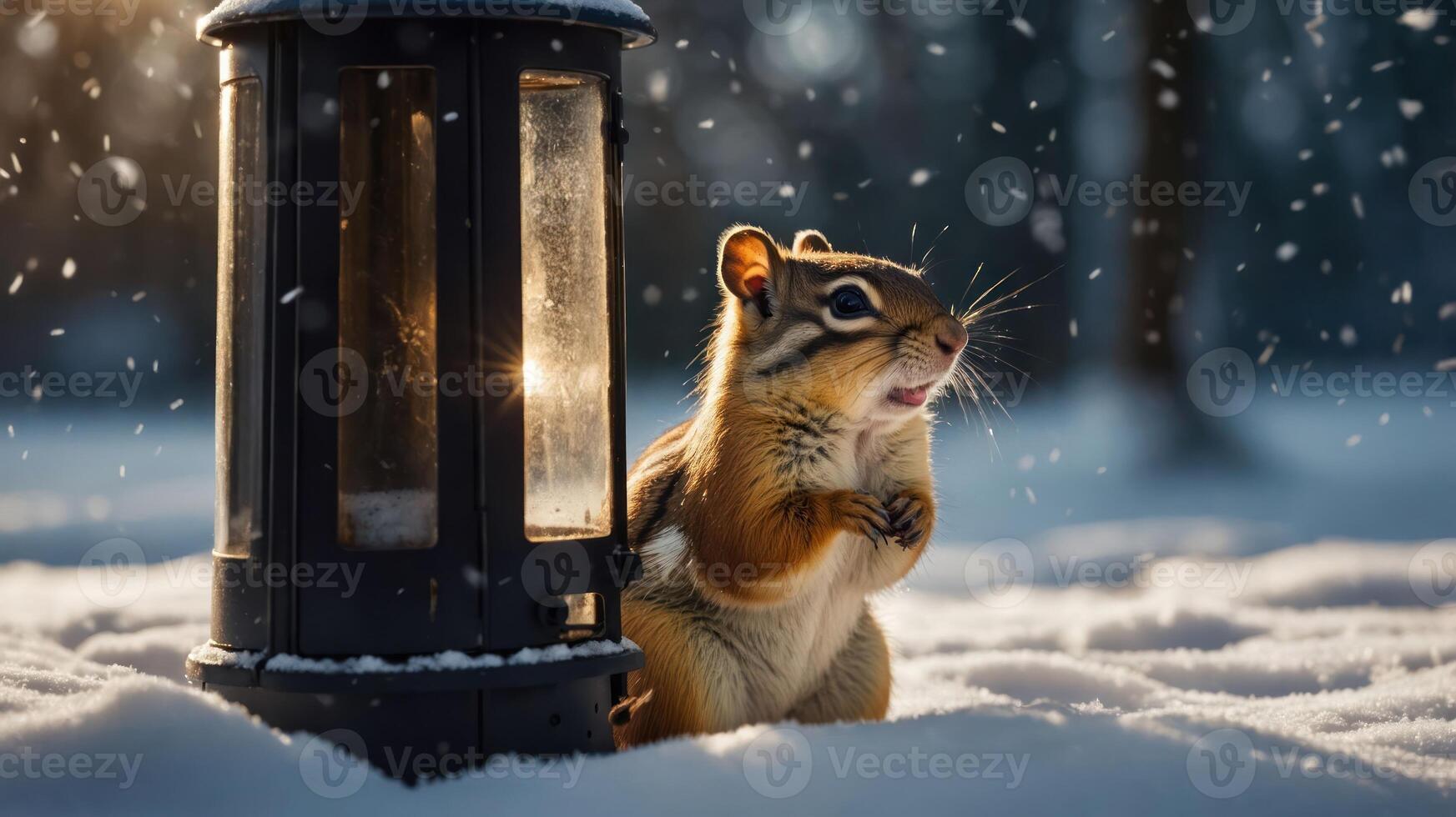 Chipmunk Near Lantern in Winter Snow Scene with Gentle Snowfall photo