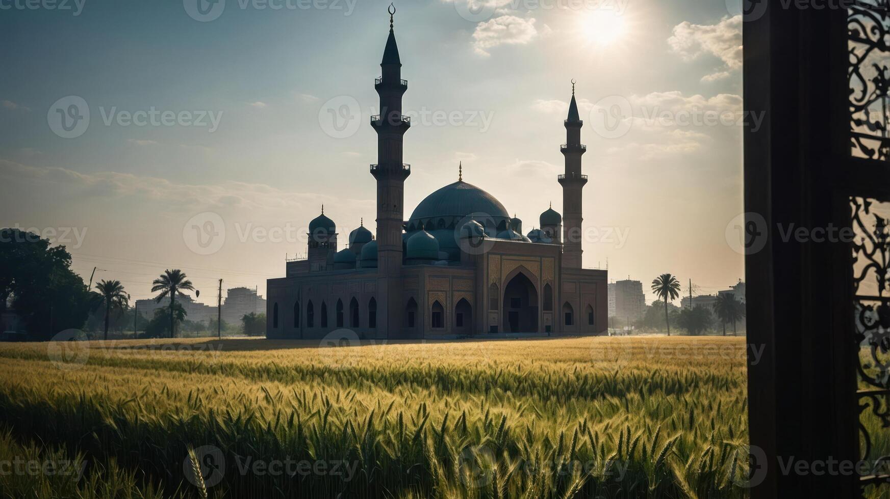 Large Architectural Mosque Structure Surrounded by Golden Wheat Field photo