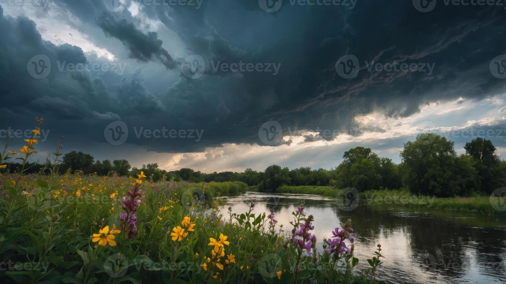 River Landscape with Stormy Sky and Wildflower Meadow Nature Scene photo