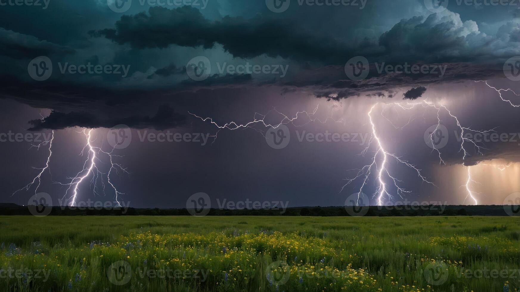 Lightning Strikes Over Open Field During Dramatic Stormy Weather photo