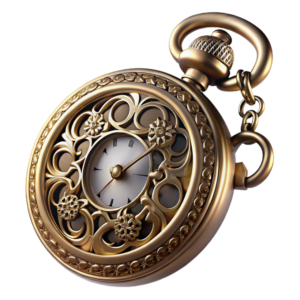 pristine coveted Steampunk pocket watch with ornate filigree and Roman numerals. NO BACKGROUND with Transparent Background. png