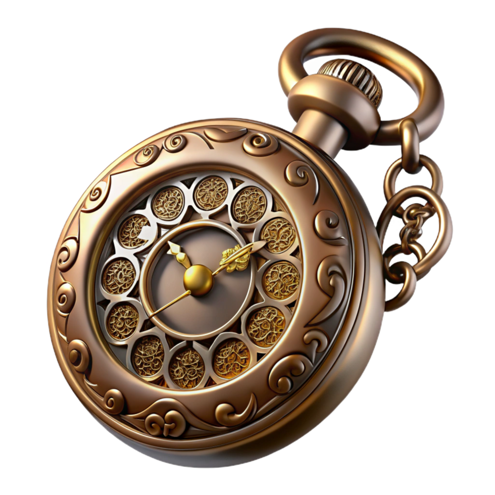iconic bohemian Steampunk pocket watch with ornate filigree and Roman numerals. NO BACKGROUND with Transparent Background. masterfully captured png