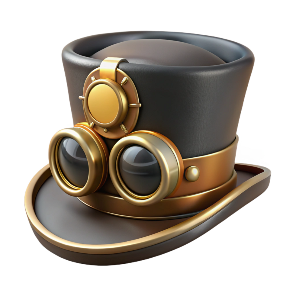 elegant energetic mid-century Steampunk top hat with goggles and brass embellishments. NO BACKGROUND with Transparent Background. top-tier png
