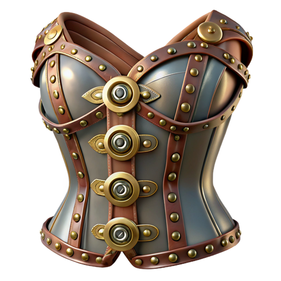 dramatic dramatic avant-garde Steampunk corset with metallic buckles and lace accents. NO BACKGROUND with Transparent Background. expertly shot png