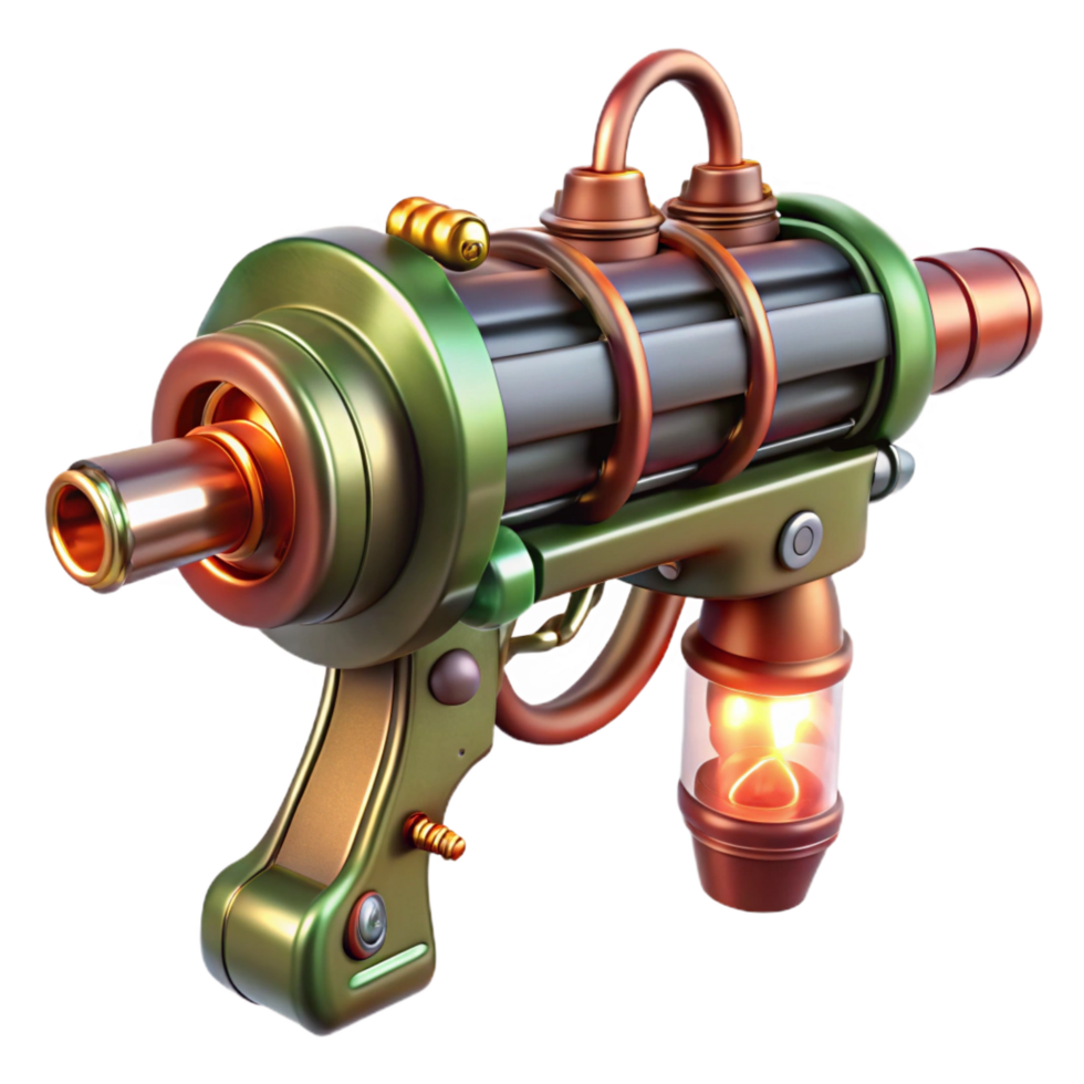 ethereal fascinating Steampunk ray gun with glowing vacuum tubes and copper wiring. NO BACKGROUND with Transparent Background. top-tier png