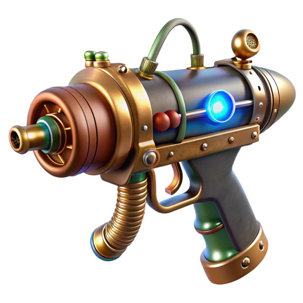 mesmerizing exceptional Steampunk ray gun with glowing vacuum tubes and copper wiring. NO BACKGROUND with Transparent Background. png