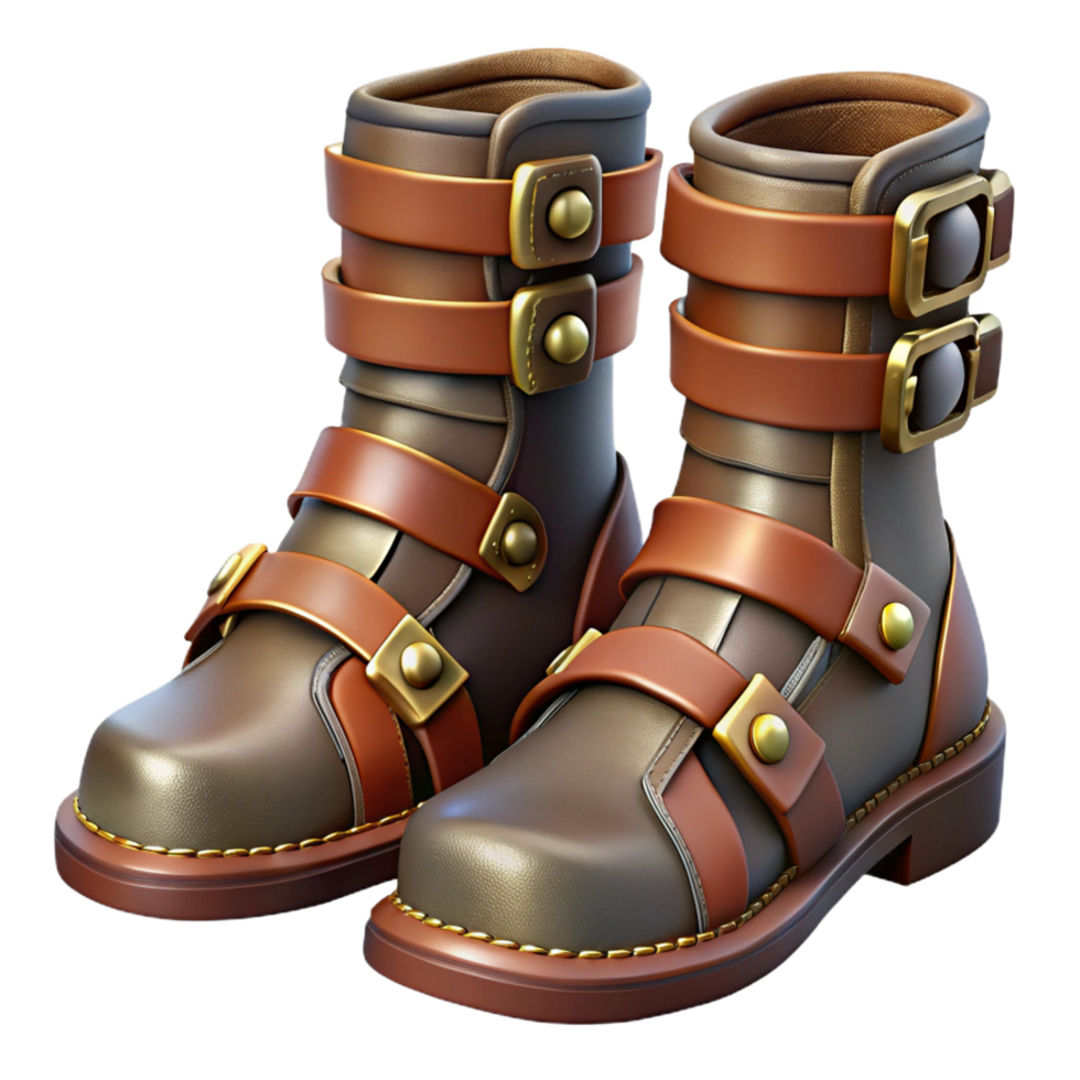 radiant coveted Steampunk boots with buckles, straps, and metal plating. NO BACKGROUND with Transparent Background. png