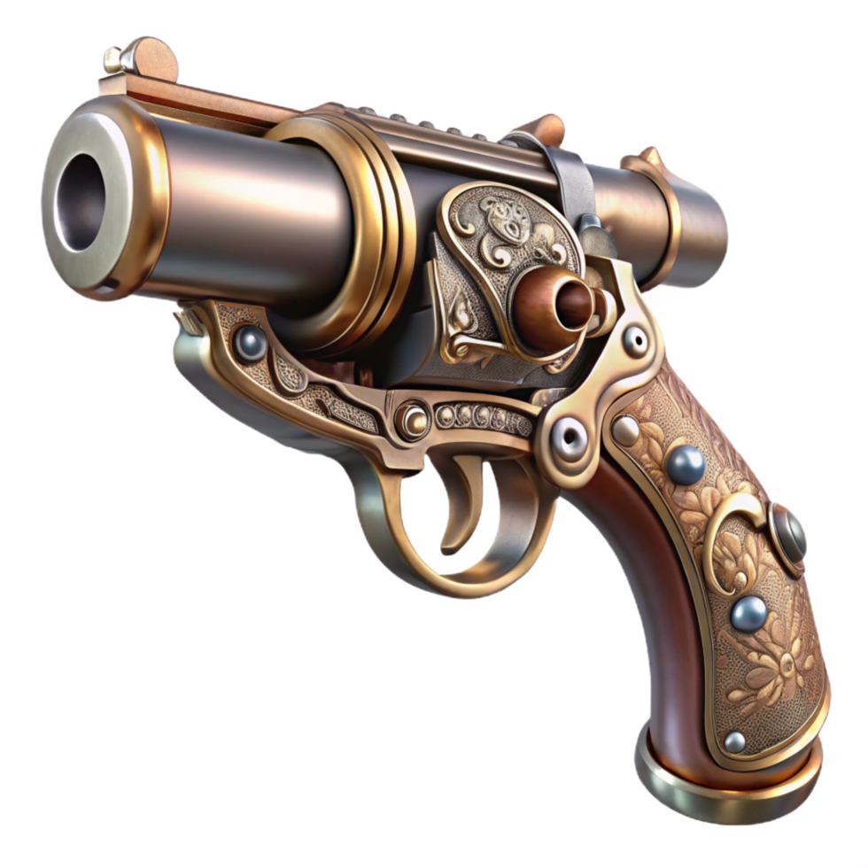 immaculate passionate modern Steampunk pistol with ornate engravings and a pearl handle. NO BACKGROUND with Transparent Background. gallery standard png