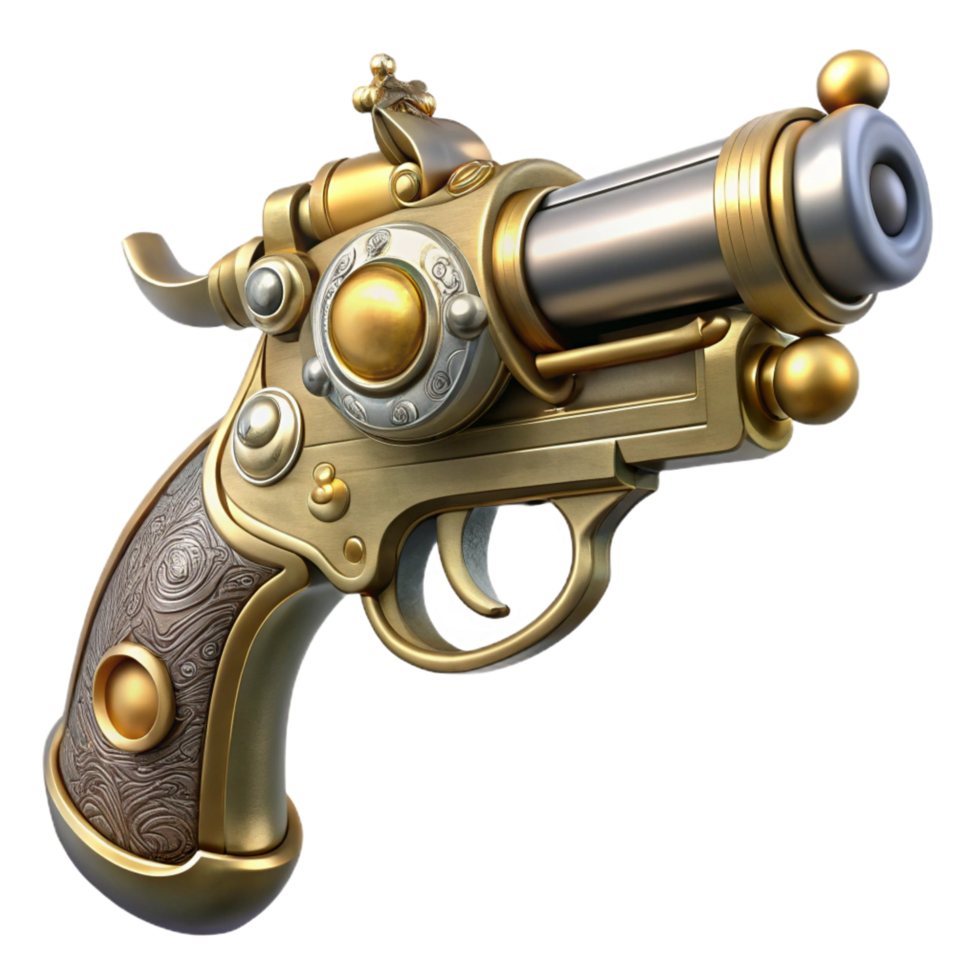 splendid notable Steampunk pistol with ornate engravings and a pearl handle. NO BACKGROUND with Transparent Background. png