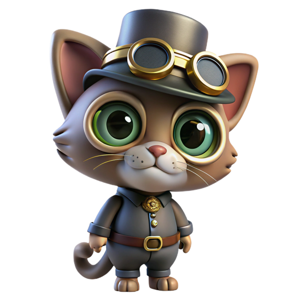 tranquil vibrant Steampunk cat wearing goggles and a tiny top hat. NO BACKGROUND with Transparent Background. elite png