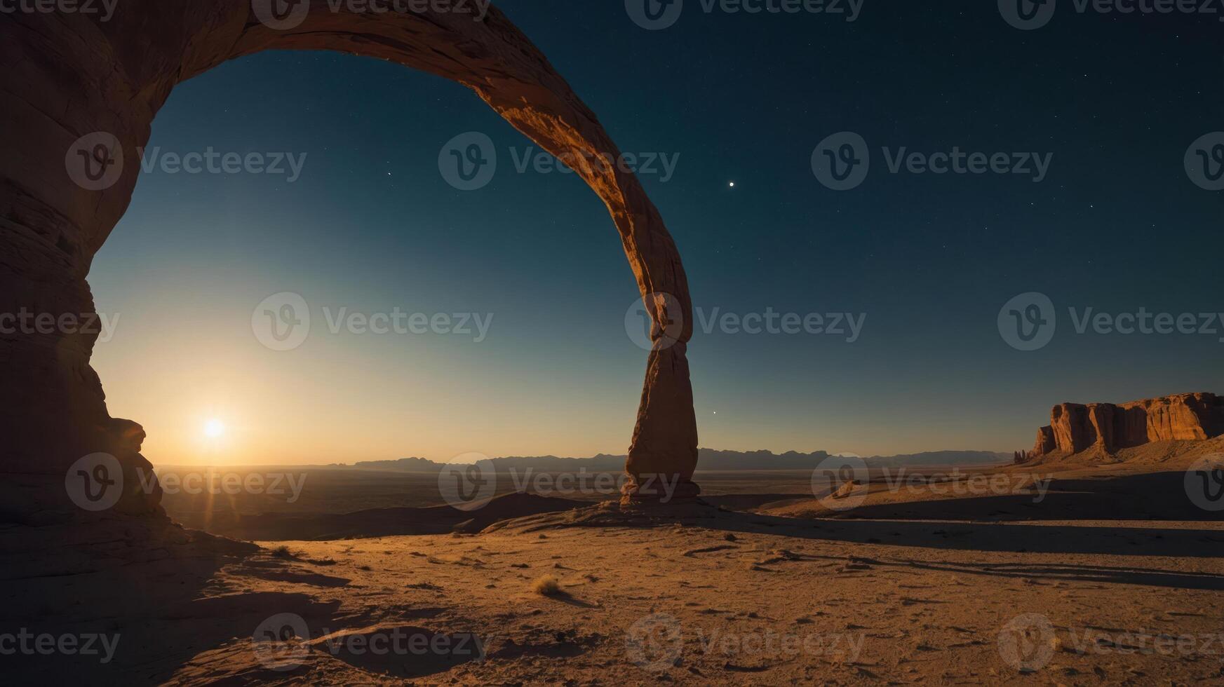 Dramatic Arch Rock Formation at Sunset in a Desert Landscape photo
