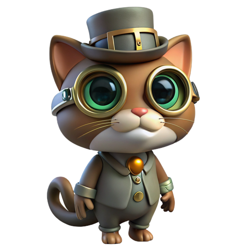 nostalgic elegant Steampunk cat wearing goggles and a tiny top hat. NO BACKGROUND with Transparent Background. ultra HD png