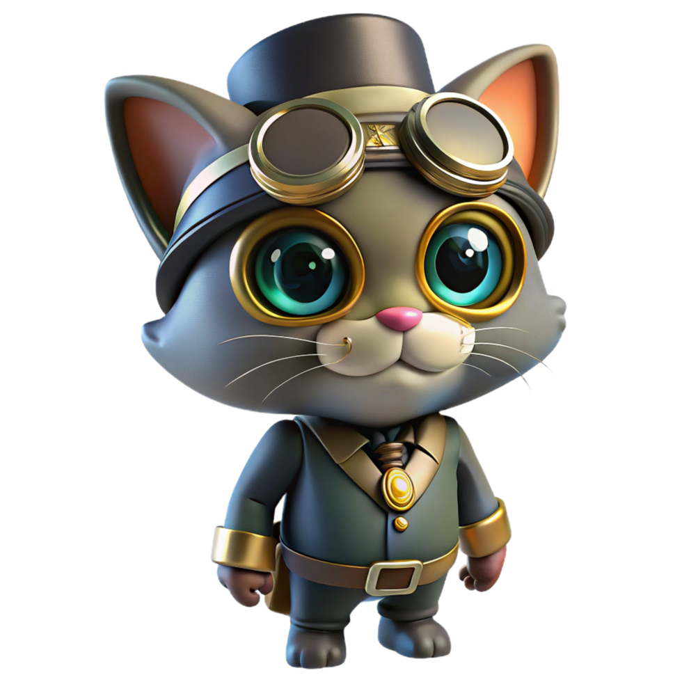 exceptional classic Steampunk cat wearing goggles and a tiny top hat. NO BACKGROUND with Transparent Background. flawless png