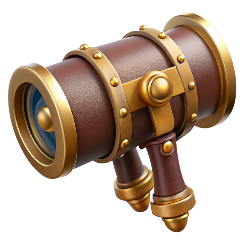 serene calm elegant Steampunk telescope with brass fittings and a leather lens cap. NO BACKGROUND with Transparent Background. gallery standard png