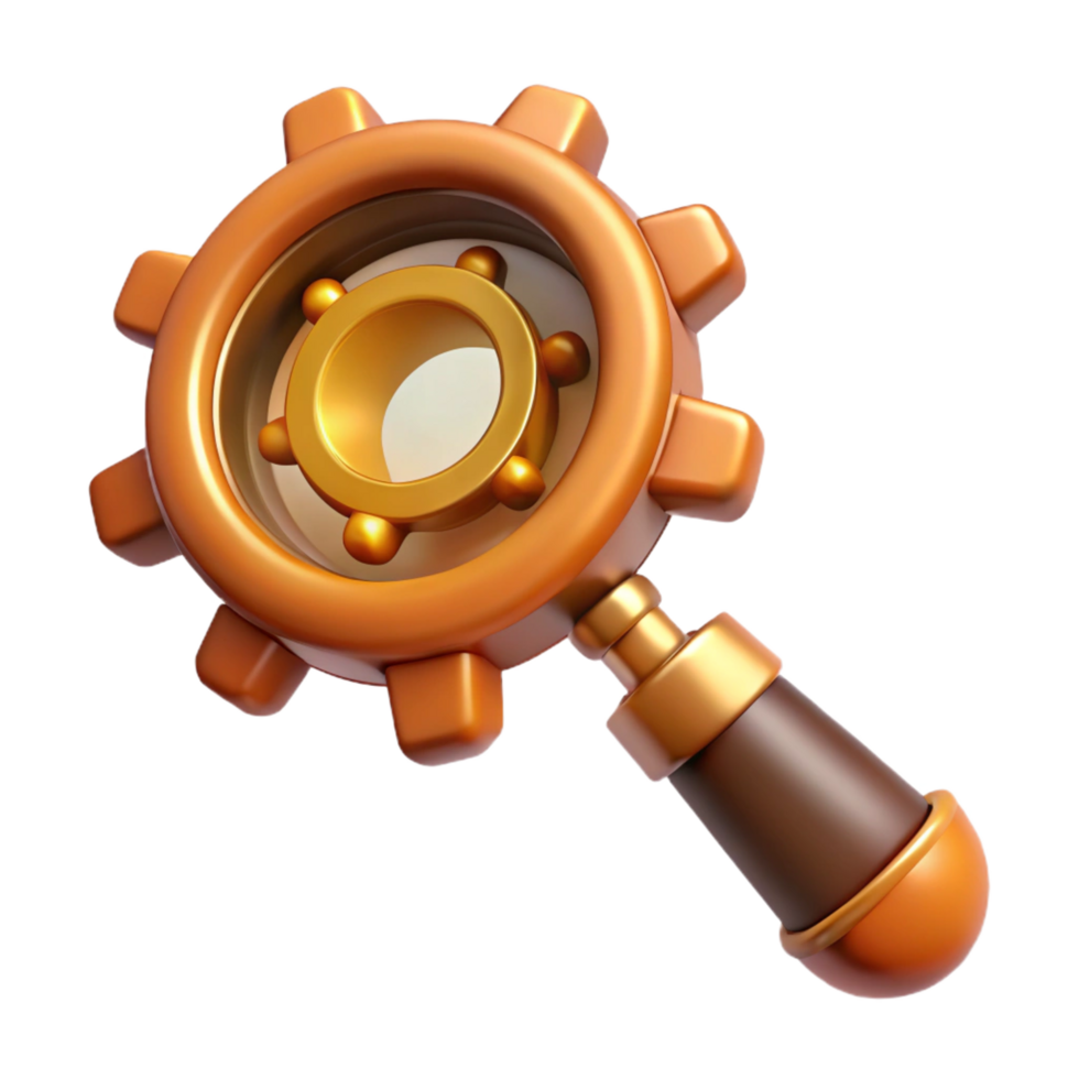 enchanting reflective retro Steampunk magnifying glass with a gear-shaped handle. NO BACKGROUND with Transparent Background. expertly shot png