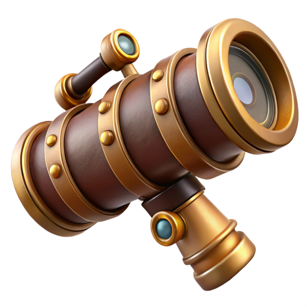 iconic coastal Steampunk telescope with brass fittings and a leather lens cap. NO BACKGROUND with Transparent Background. artisan png