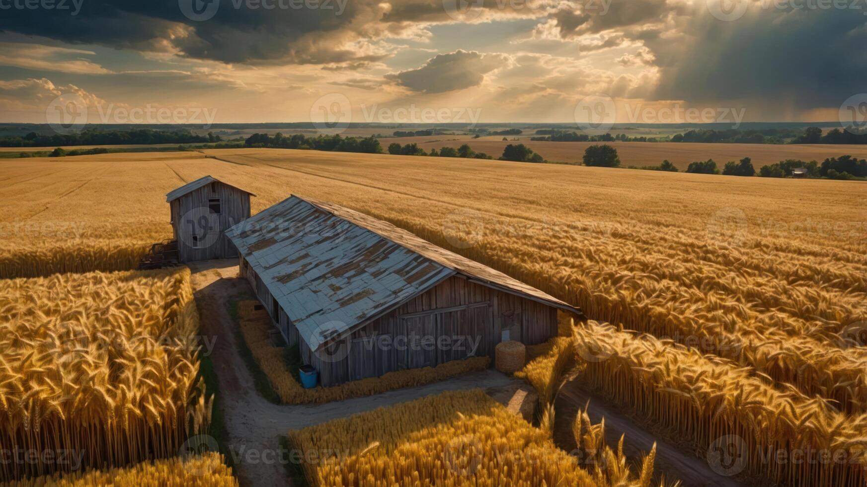 Golden Wheat Field with Old Barn and Dramatic Sky at Sunset photo