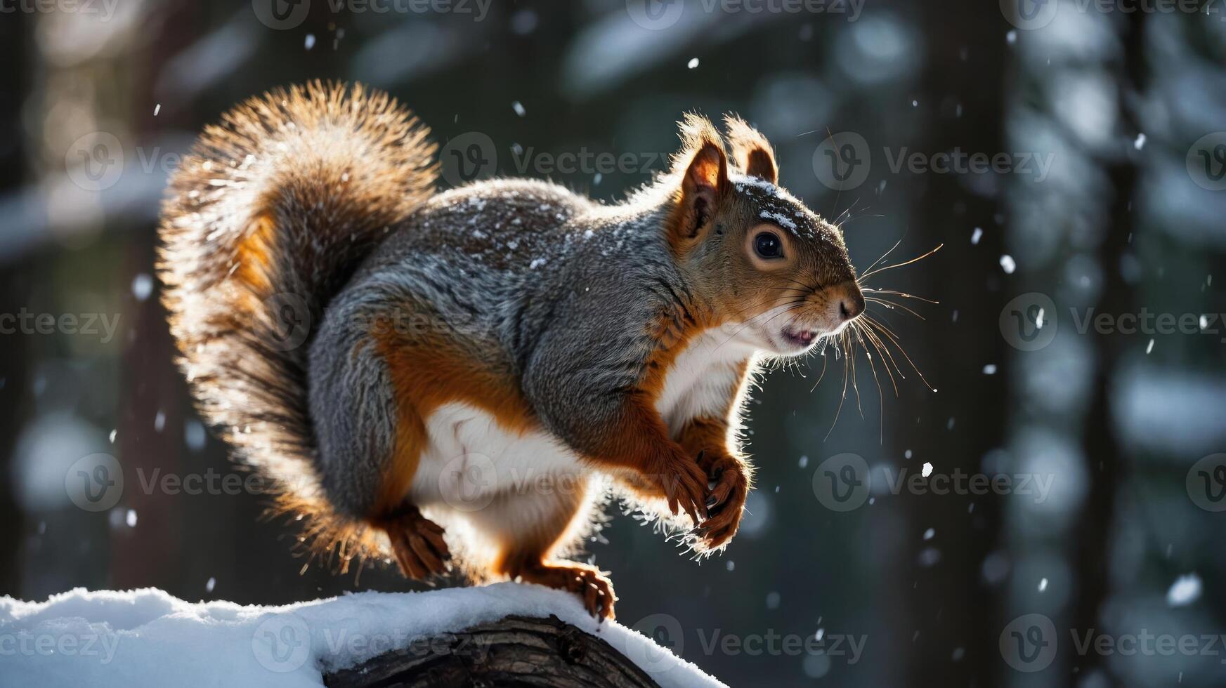 Squirrel Resting on Snowy Branch in Winter Forest with Backlight photo