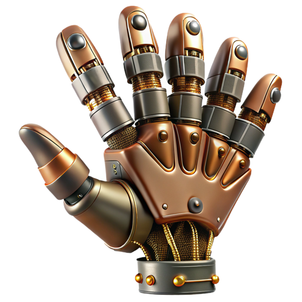 serene avant-garde Steampunk robotic hand with articulated fingers and exposed wires. NO BACKGROUND with Transparent Background. original png