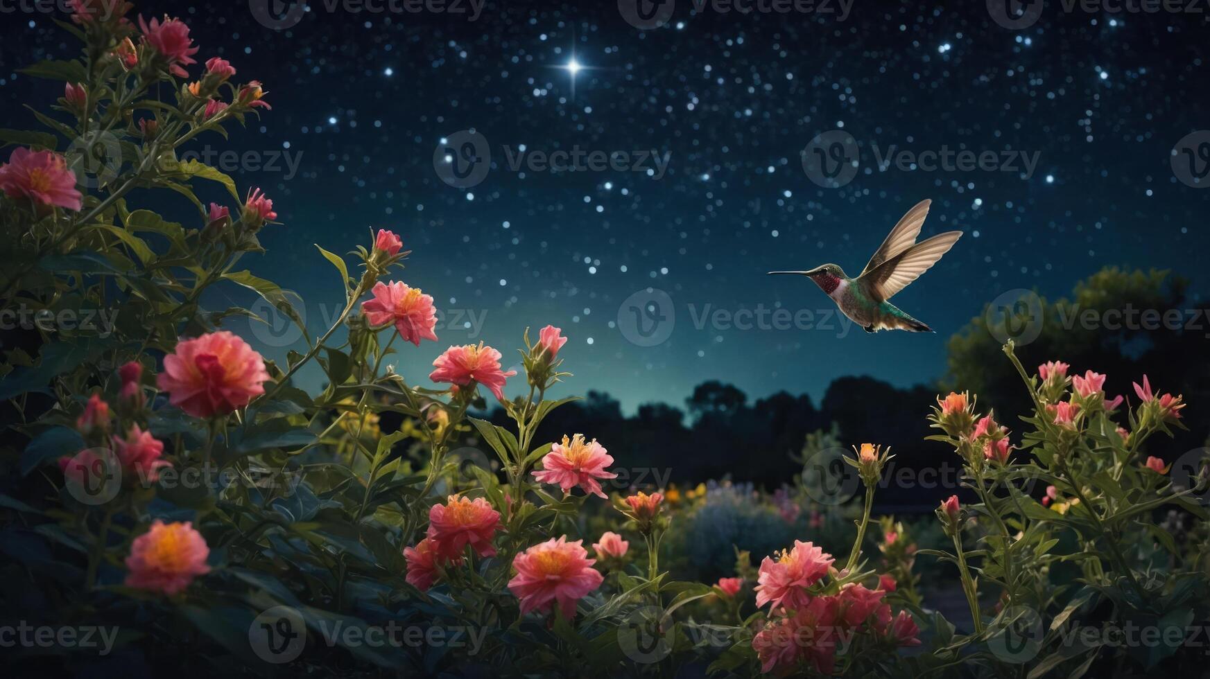 Hummingbird Flying Over Flowers at Night Under a Starry Sky photo