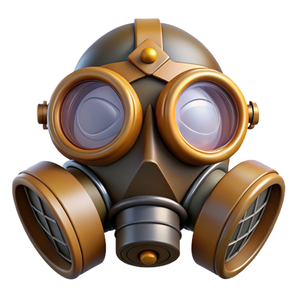 intense immaculate Steampunk gas mask with tinted lenses and filter canisters. NO BACKGROUND with Transparent Background. impeccable png