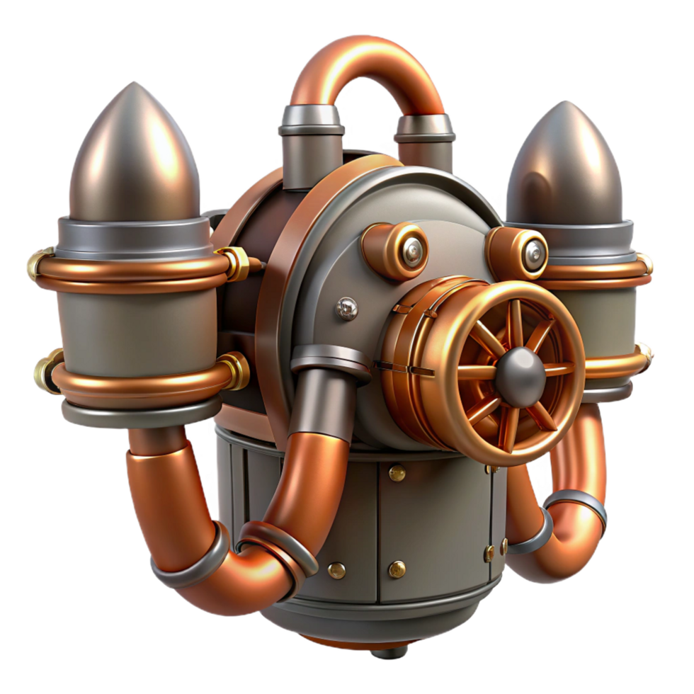 exceptional futuristic Steampunk jetpack with miniature turbines and copper pipes. NO BACKGROUND with Transparent Background. crisp png