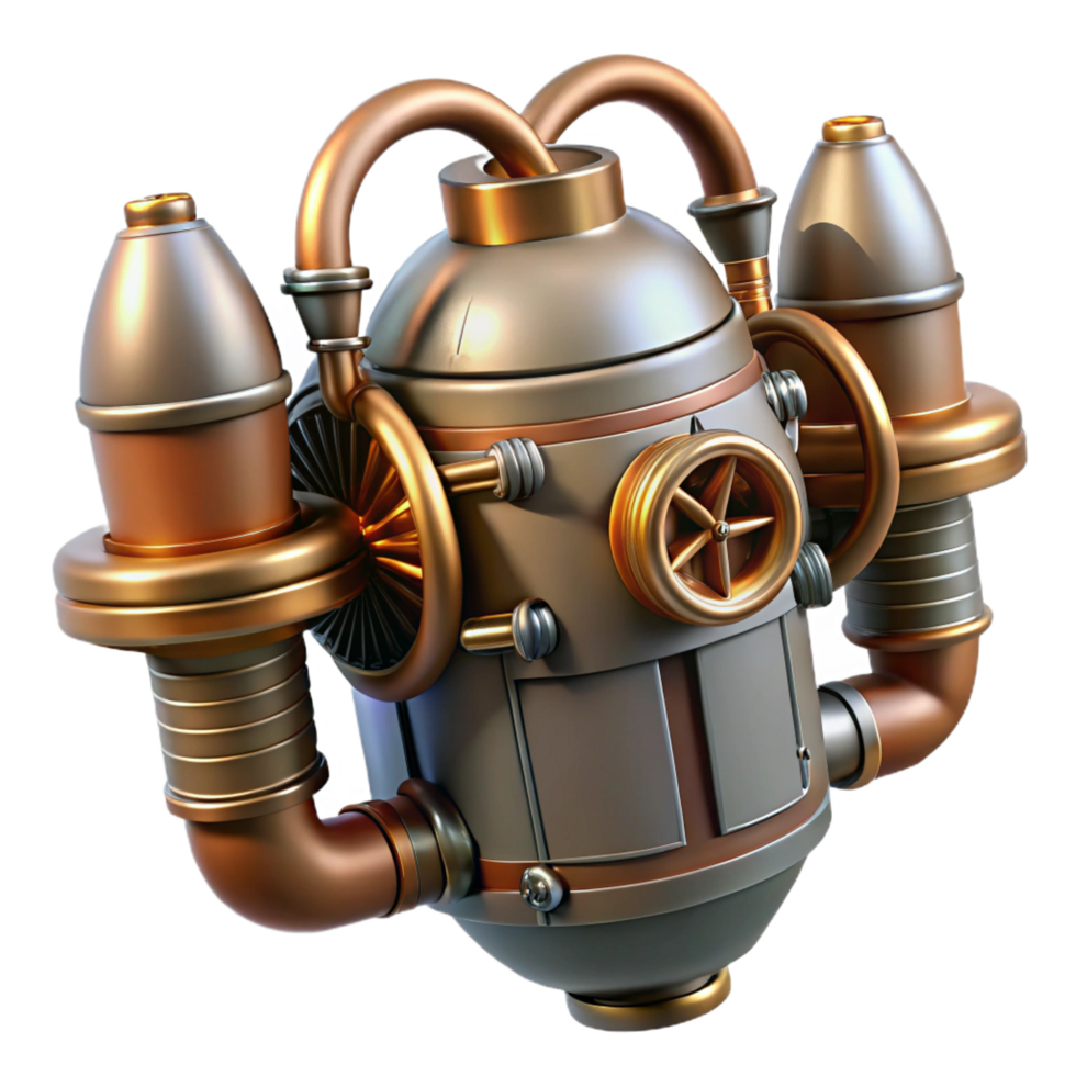 glorious ethereal avant-garde Steampunk jetpack with miniature turbines and copper pipes. NO BACKGROUND with Transparent Background. 4K png