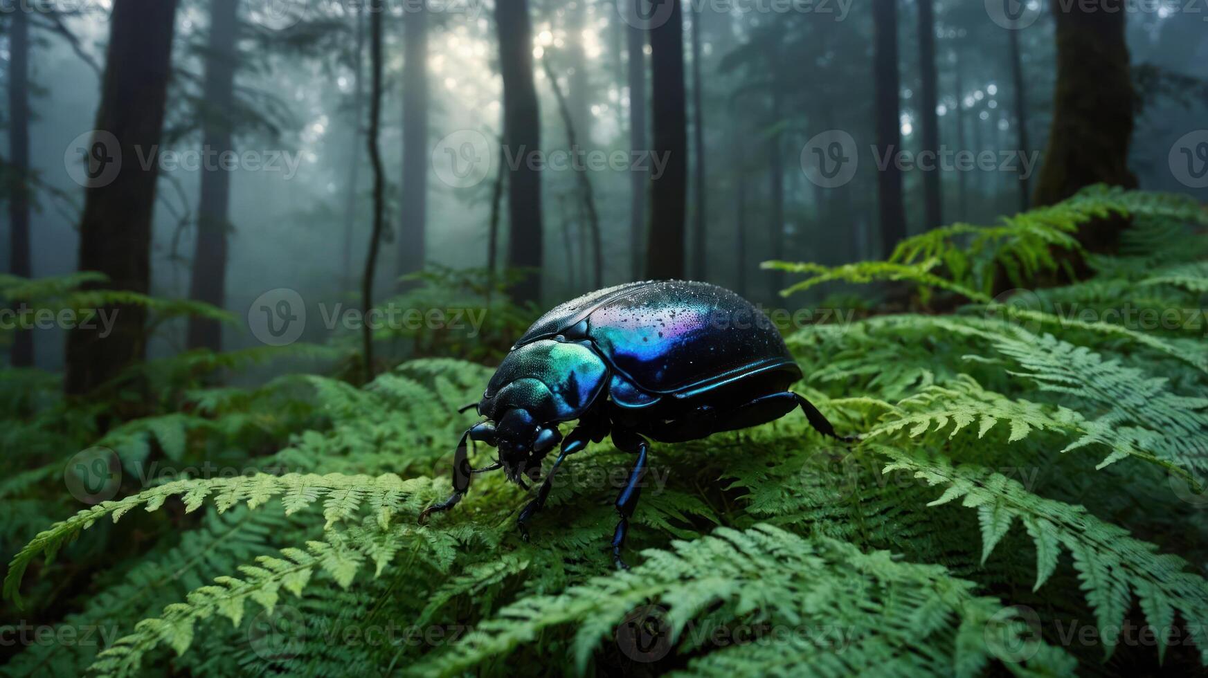 Iridescent Beetle Walking on Ferns in Misty Forest with Sunlight photo