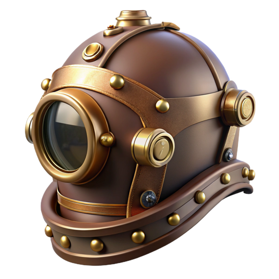 notable rustic Steampunk helmet with a visor and brass embellishments. NO BACKGROUND with Transparent Background. museum quality png