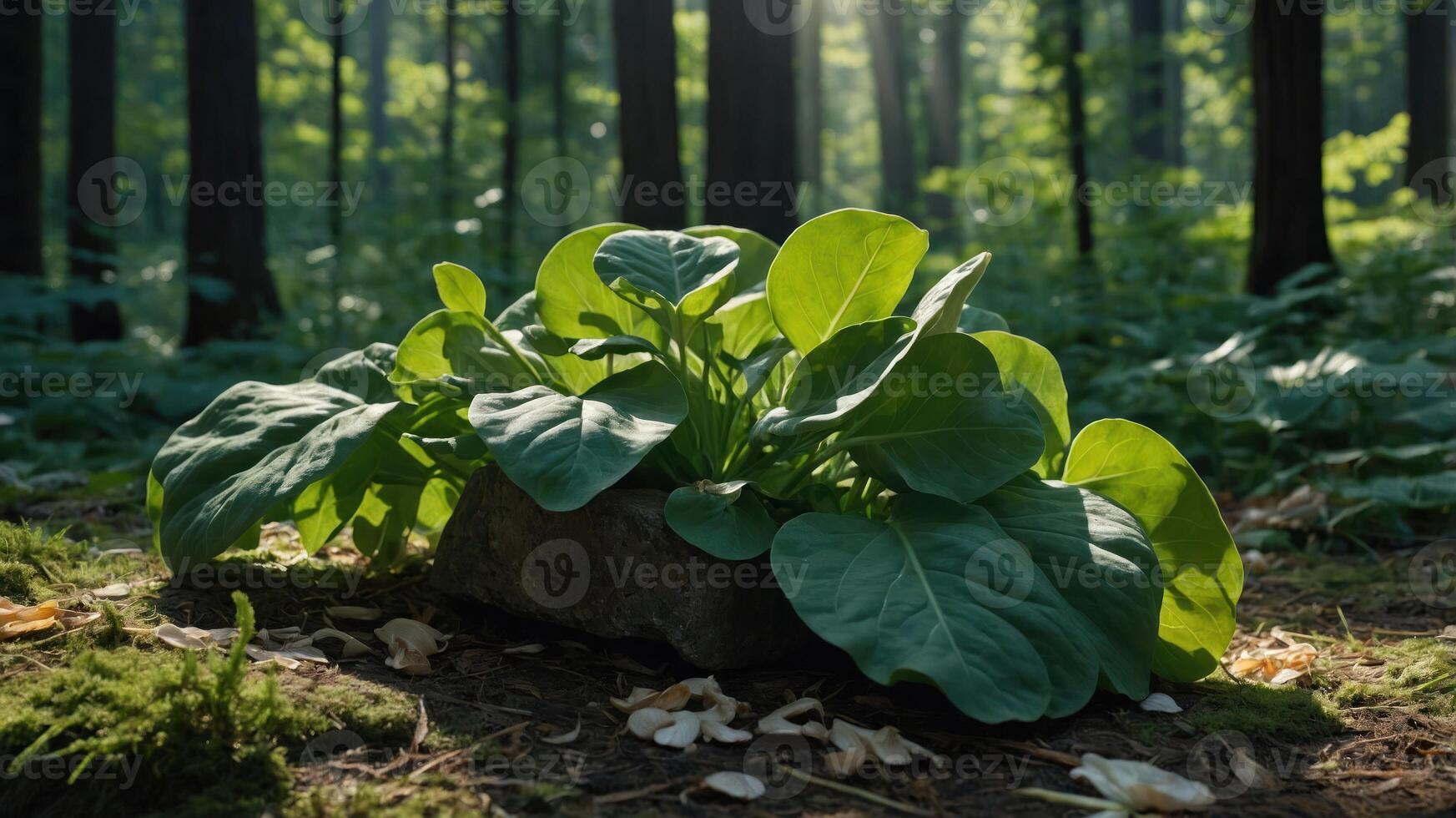 Plant Growing in Forest with Sunlight Shining Through Trees Outdoor photo