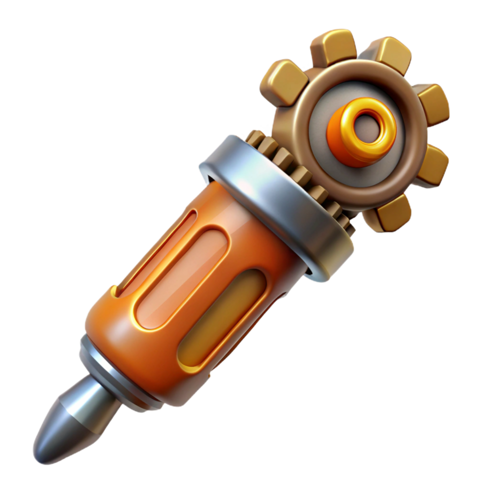 pristine inspired Steampunk screwdriver with interchangeable bits and a gear-shaped handle. NO BACKGROUND with Transparent Background. png