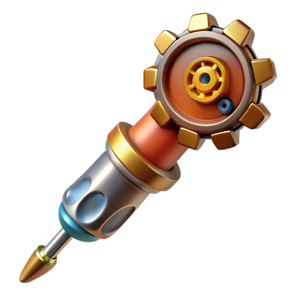 picturesque energetic art deco Steampunk screwdriver with interchangeable bits and a gear-shaped handle. NO BACKGROUND with Transparent Background. premium png