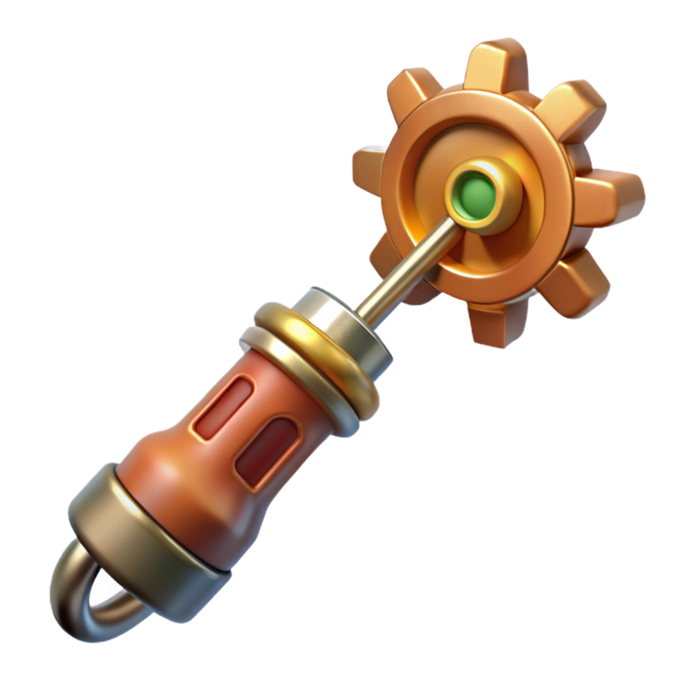 picturesque playful organic Steampunk screwdriver with interchangeable bits and a gear-shaped handle. NO BACKGROUND with Transparent Background. authentic png