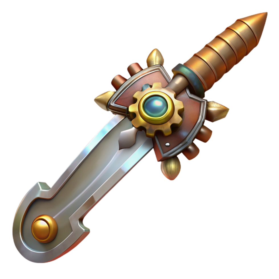 fascinating coastal Steampunk sword with a gear-encrusted hilt and a polished blade. NO BACKGROUND with Transparent Background. crisp png