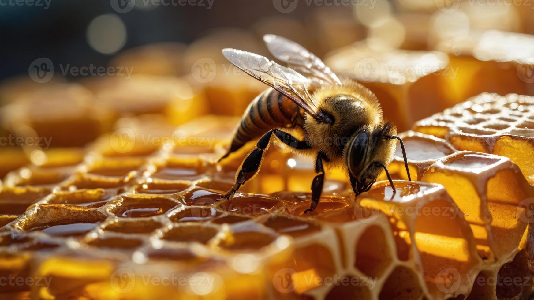 Honeybee Walking on Honeycomb Filled with Honey in Warm Light photo