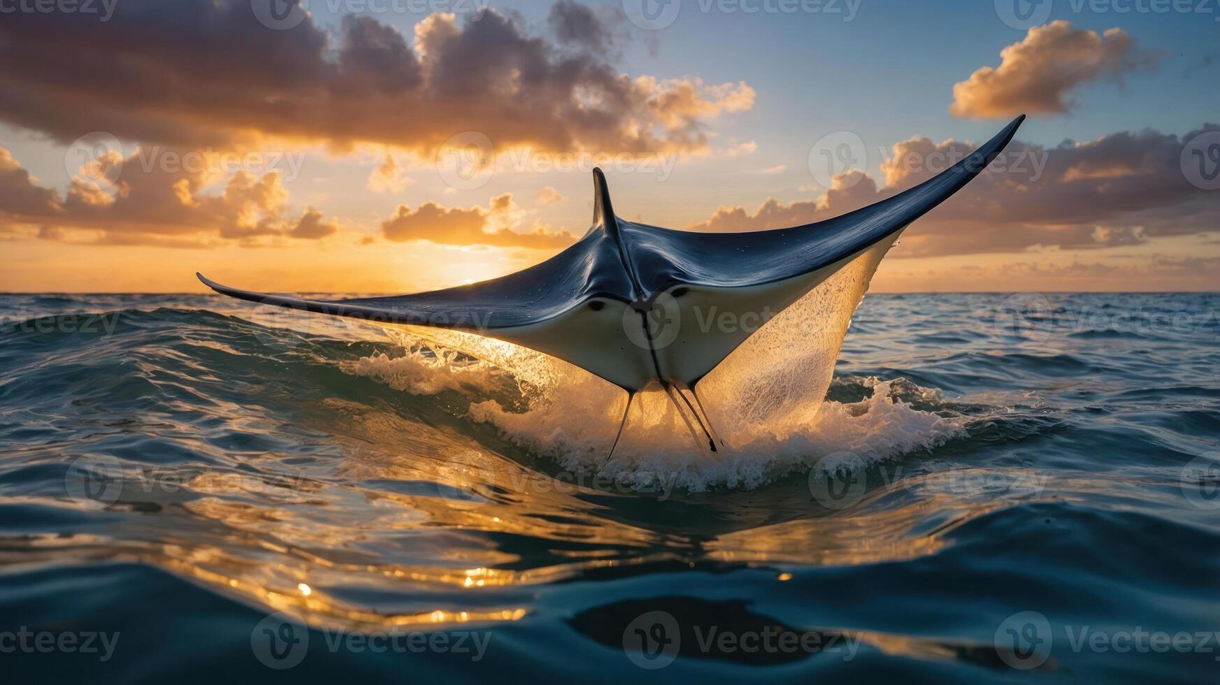 Manta Ray Leaping From Ocean Water at Warm Sunset Golden Hour photo