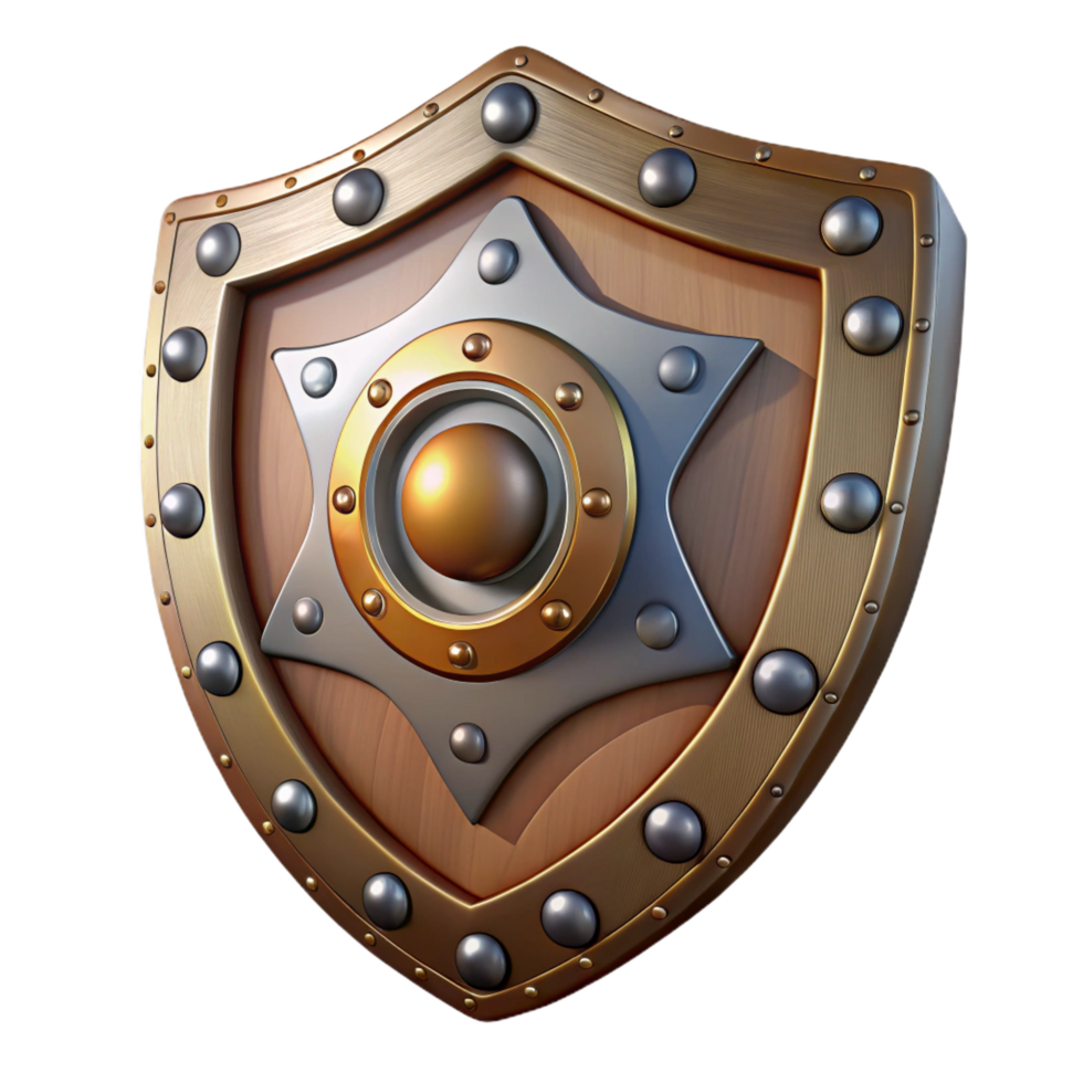exquisite melancholic victorian Steampunk shield with a metal boss and riveted edges. NO BACKGROUND with Transparent Background. ultra HD png