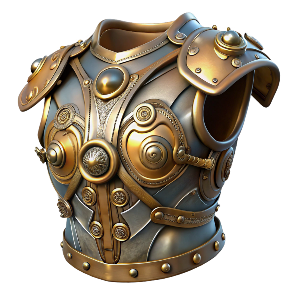 passionate pristine Steampunk armor breastplate with intricate engravings and metal plating. NO BACKGROUND with Transparent Background. flawless png