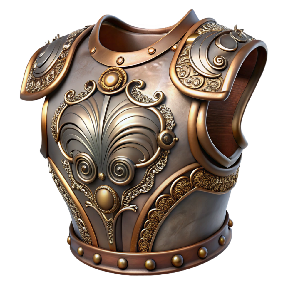 quintessential industrial Steampunk armor breastplate with intricate engravings and metal plating. NO BACKGROUND with Transparent Background. studio quality png