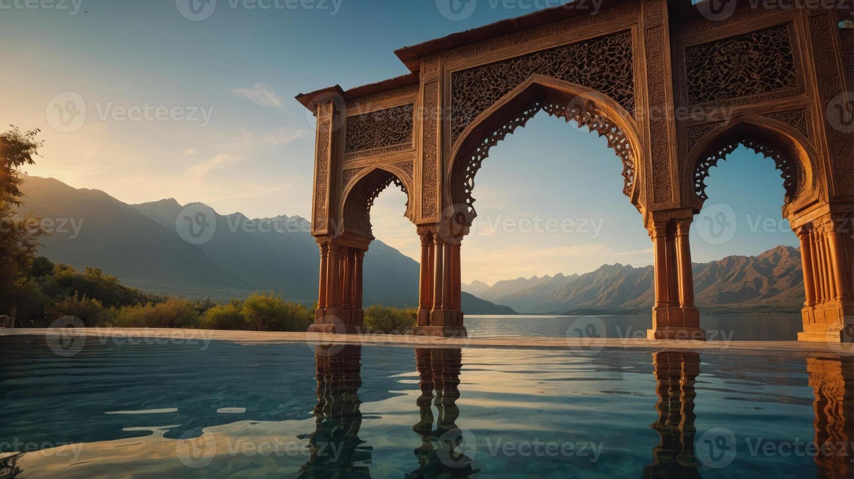 Ornate Archway Reflecting in Water with Mountain Lake Backdrop at Sunset photo