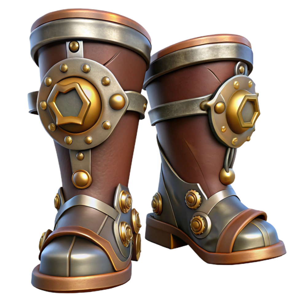 peaceful mesmerizing Steampunk greaves with metal plating and gear accents. NO BACKGROUND with Transparent Background. crisp png