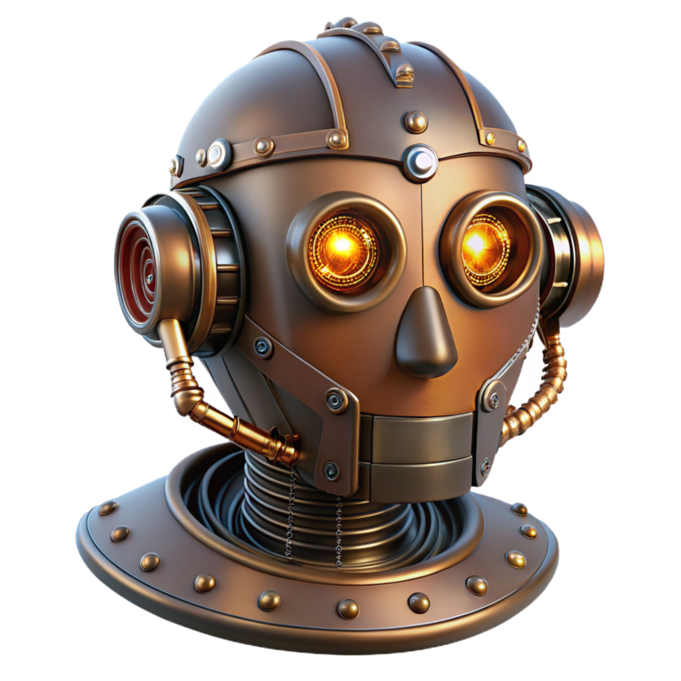 impressive celebrated Steampunk robot head with glowing eyes and exposed wires. NO BACKGROUND with Transparent Background. png