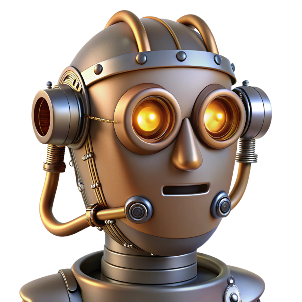 melancholic striking Steampunk robot head with glowing eyes and exposed wires. NO BACKGROUND with Transparent Background. authentic png