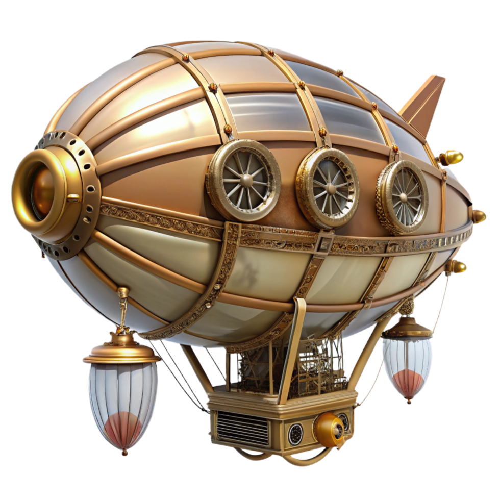 intense striking Steampunk airship illustration, detailed cross-section view. NO BACKGROUND with Transparent Background. perfect clarity png