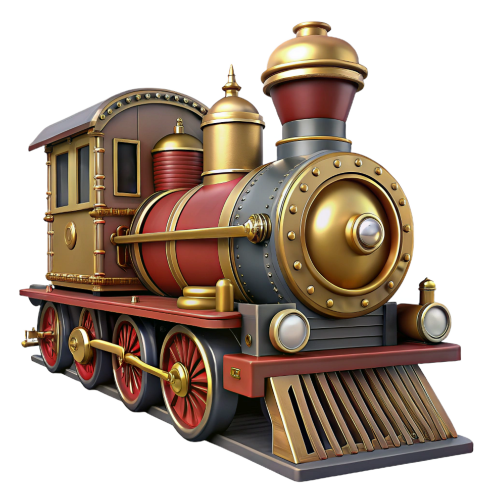 gorgeous intense geometric Steampunk train locomotive, isolated front view. NO BACKGROUND with Transparent Background. refined png